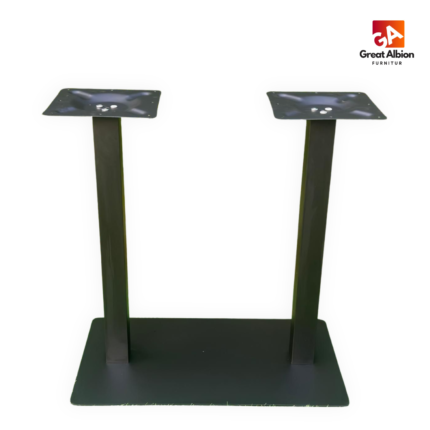 Double column metal table base with rectangular base plate and black powder-coated finish designed for large commercial restaurant tabletops.