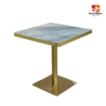 Van Gogh blue-inspired marble dining table with gold trim for artistic dining spaces.