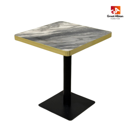 Grey waves marble dining table with gold trim for upscale restaurant interiors.
