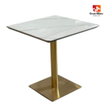 White/grey marble restaurant dining table with gold base for commercial dining spaces.