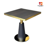 Walnut effect marble dining table with gold edge for stylish dining interiors.