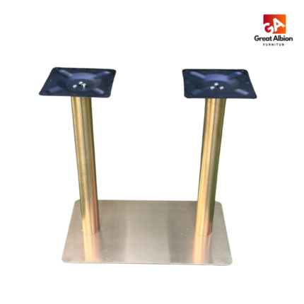 Round column double metal table base in gold finish designed for large tabletops in upscale restaurants, hotels, and cafés.
