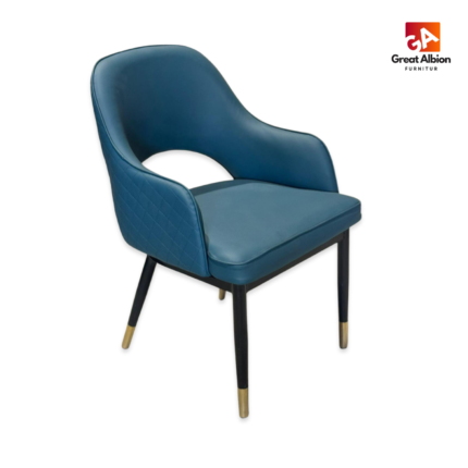 Leather dining chair with stitched upholstery, curved backrest, and wooden frame for restaurants and cafés.