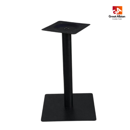 Round column single metal table base in black finish designed for stable support of round or square café tabletops.