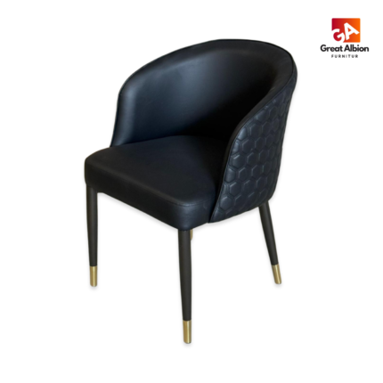 Luxury honeycomb leather dining chair with barrel-back design and gold-tipped wooden legs