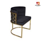 Modern geometric tub chair featuring plush cushioning and polished gold stainless steel base for upscale spaces.