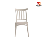 Commercial-grade polypropylene stacking chair with slatted backrest for indoor and outdoor hospitality seating areas.