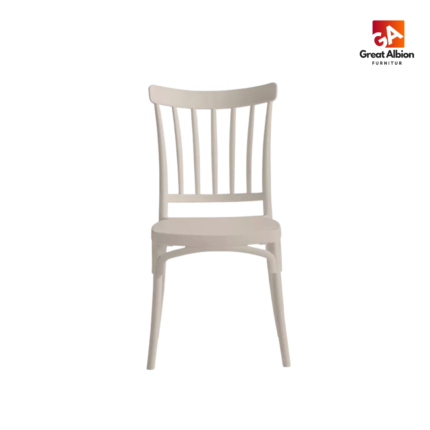 Commercial-grade polypropylene stacking chair with slatted backrest for indoor and outdoor hospitality seating areas.