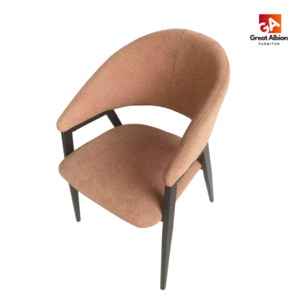 Modern restaurant dining chair featuring wrap-around curved backrest, comfortable cushioning, and premium fabric finish.