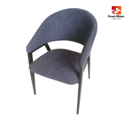 Curved back fabric dining chair with padded seat, textured upholstery, and sturdy wooden legs for modern interiors.