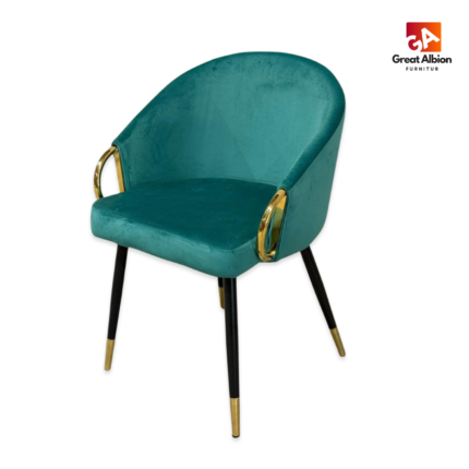 Luxury velvet dining chair featuring gold metal ring accents, cocoon-style back, and premium upholstered comfort seating.