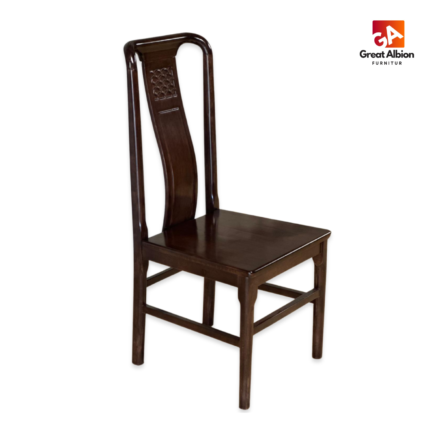 Wooden dining chair with curved carved backrest, solid wood frame, polished finish, and classic elegant restaurant design.