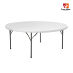 Heavy-duty round folding table with plastic top and folding steel legs for events.