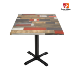 Industrial patchwork wood-effect tabletop for contemporary cafés and themed restaurant interiors.