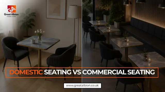 Commercial seating arrangement in a busy UK café with contract-grade chairs and tables
