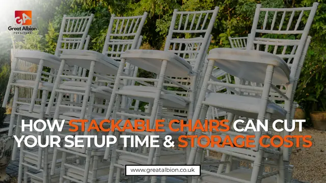 Stack of commercial stackable chairs stored compactly in a UK restaurant venue storage room