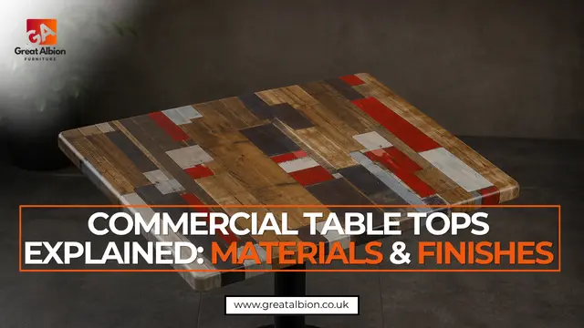Selection of commercial table tops in wood, laminate and stone finishes for restaurant and café use