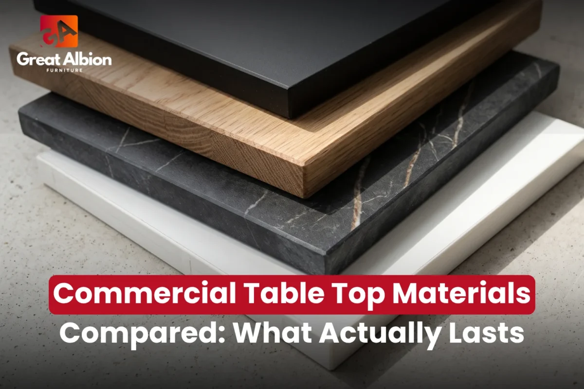 Four commercial table top material samples showing laminate, oak, sintered stone and HPL edge profiles