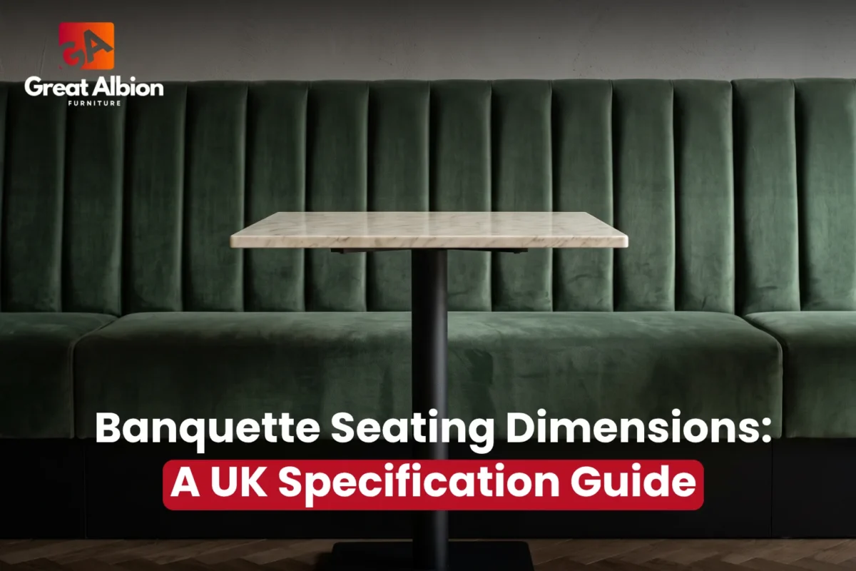 Side view of a restaurant banquette seat showing seat height, depth and back height proportions